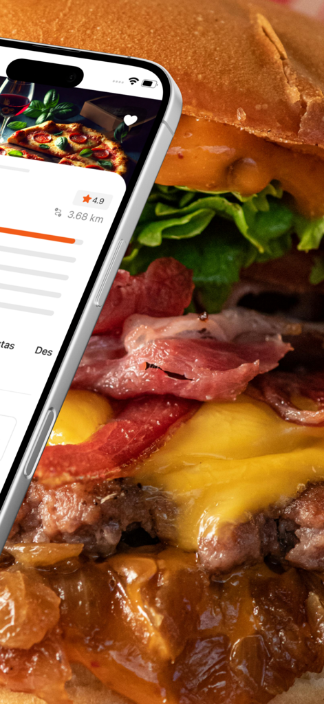OnlyEat: Food Delivery - OnlyEat food delivery app interface showing a restaurant rating over a close up of a gourmet burger
