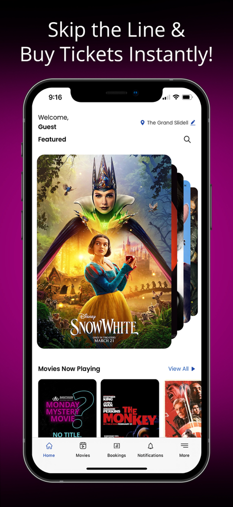 Santikos mobile app home screen featuring movie posters and ticket booking interface