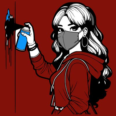 realistic girl with mask spray painting a wall