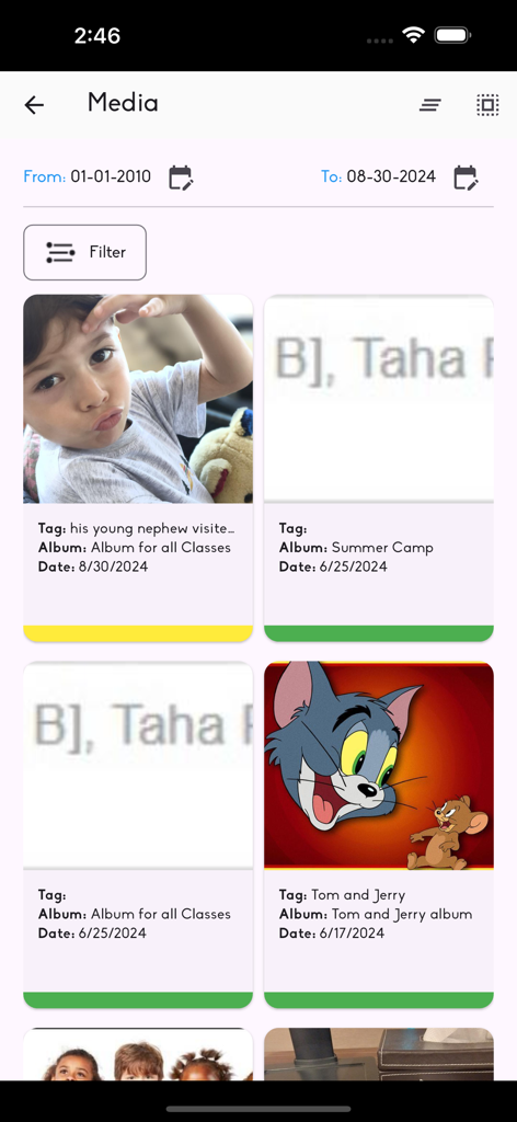 iCare Admin - Interface do módulo de mídia do iCare Admin mostrando fotos de alunos categorizadas e filtros de data