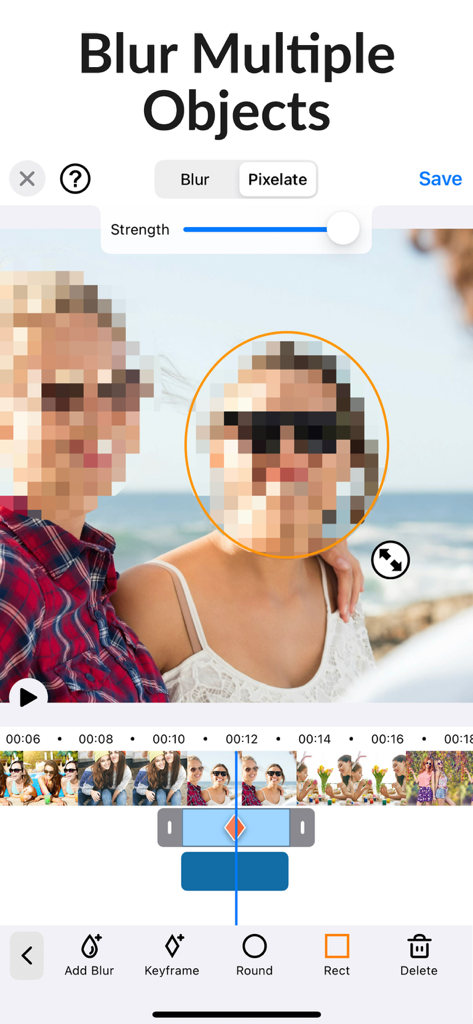 Blur Video app interface showing a pixelated face and editing timeline for mobile video privacy