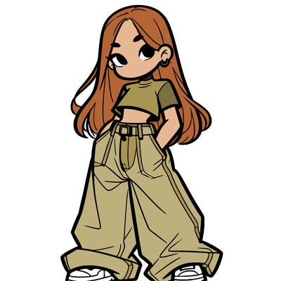 girl with long hair baggy pants and a crop top