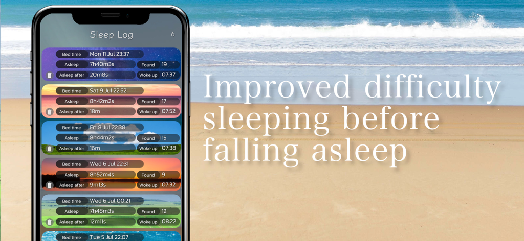 Touch & Sleep - Un panel de registro de sueño que muestra las horas de acostarse y la duración del sueño en un smartphone