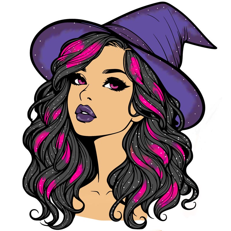 realistic witch girl with wavy hair and lips