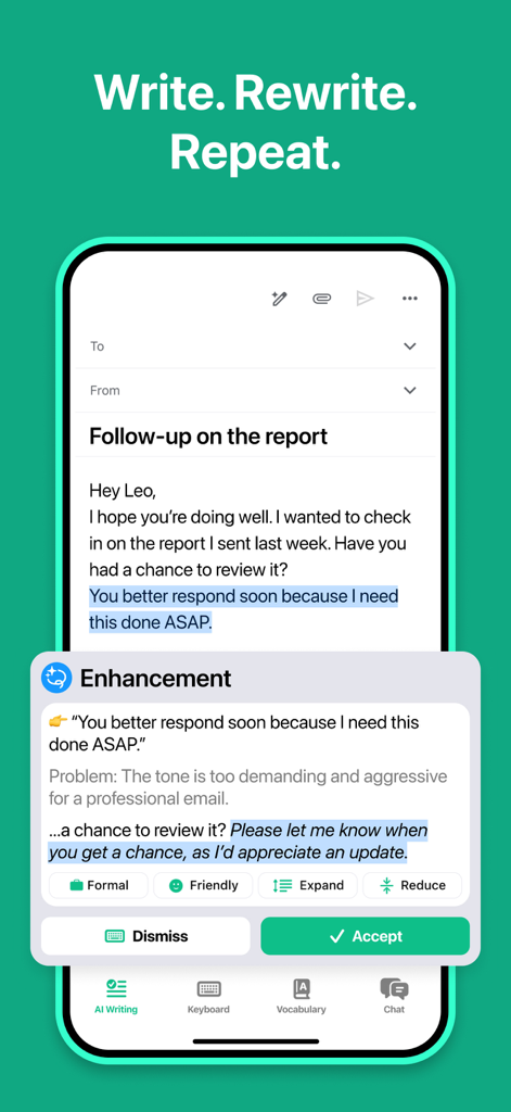 An iPhone screen showing the Grammar Check app suggesting a professional tone rewrite for a draft email