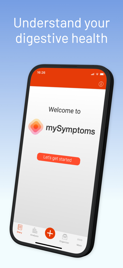 mySymptoms Food Diary - The welcome screen of the mySymptoms Food Diary app on a smartphone with the headline Understand your digestive health