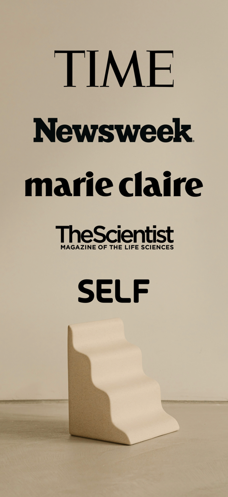 Logos de las revistas TIME, Newsweek, Marie Claire, The Scientist y SELF que presentan la aplicación Harmony.