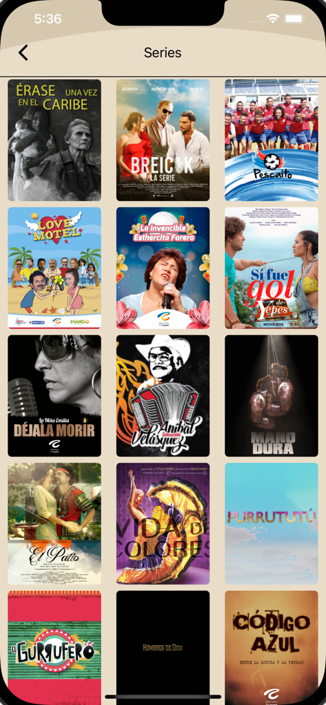 Telecaribe - Interfaz de la aplicación Telecaribe Play mostrando una cuadrícula de series y programas de televisión regionales colombianos