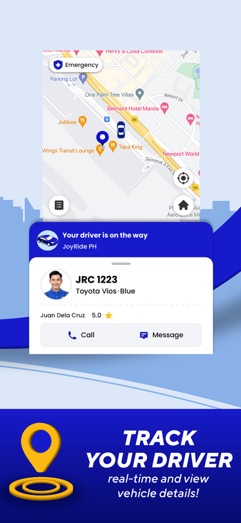 JoyRide: Book Moto Taxi & Car - Real-time driver tracking screen in the JoyRide app showing car location and driver details.