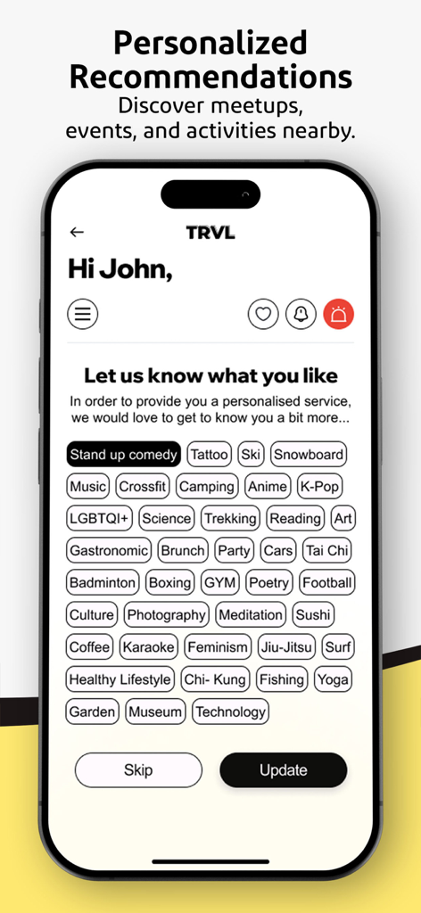 TRVL - Travel & Meet Friends - TRVL app interface showing a list of interest tags like music, trekking, and skiing for personalized travel recommendations.
