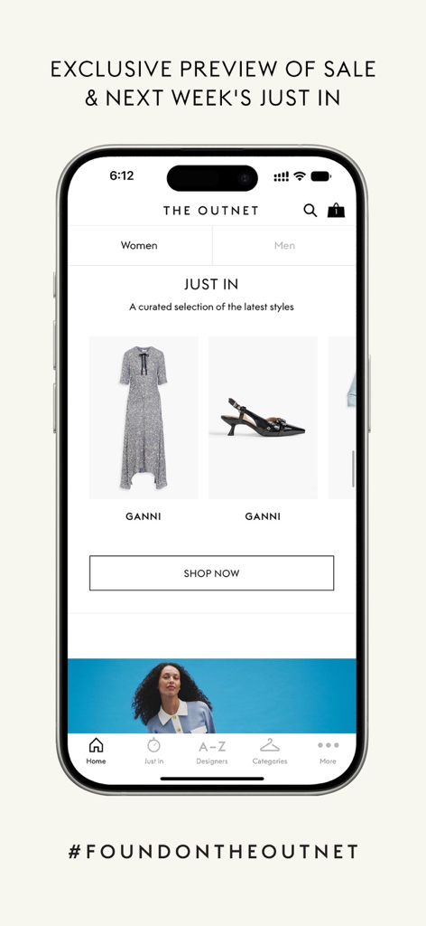 THE OUTNET: Luxury for less - Mobile screen showing THE OUTNET app with a curated selection of Ganni designer fashion