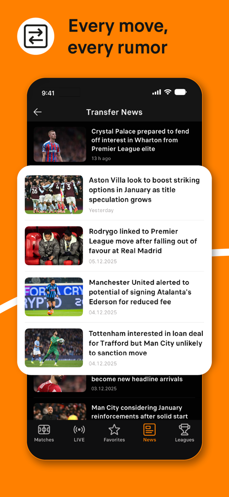 Soccerway Football Live Scores - Interface do aplicativo Soccerway exibindo um feed das últimas notícias e rumores de transferências de futebol