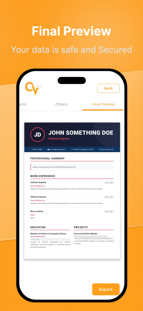 CV Maker - Professional Resume - Una pantalla móvil mostrando la vista previa final de un currículum profesional moderno para un ingeniero de software