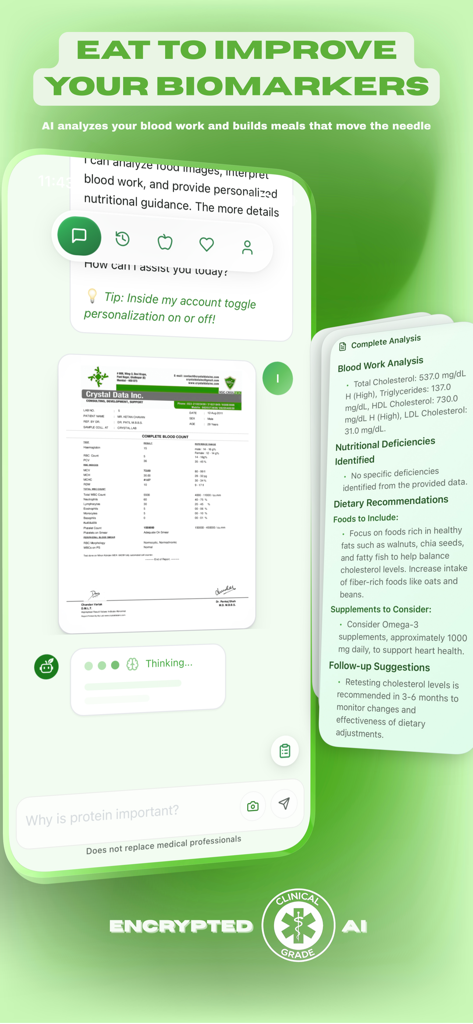 Nutrition AI app interface analyzing blood work reports to provide personalized dietary and supplement recommendations