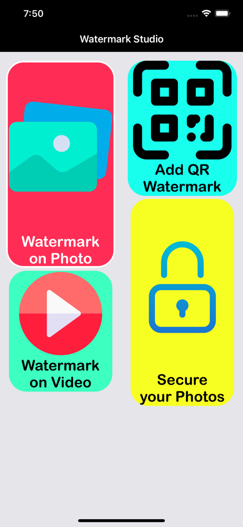 Add Watermark on Photos,Videos - Menu principale dell'app Watermark Studio che mostra opzioni per l'applicazione di filigrane a foto e video, oltre a un vault fotografico sicuro.