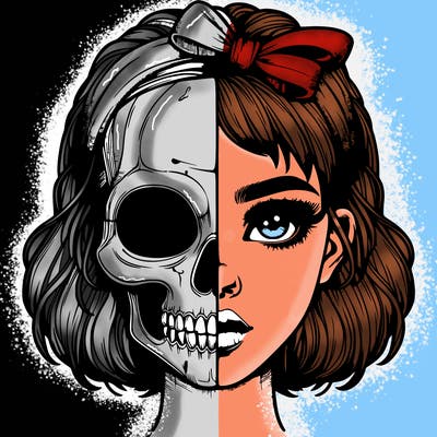 realistic girl with half skull mask