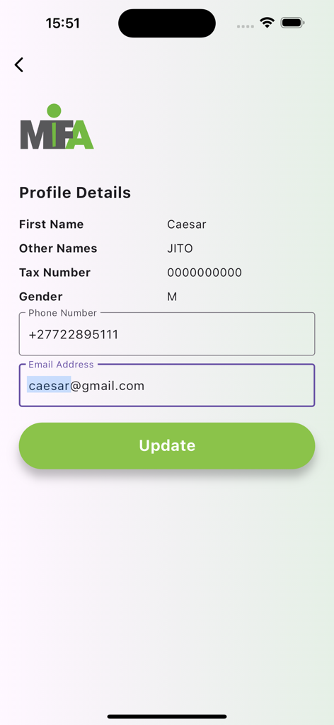 MIFA - Profile details screen of the MIFA app showing fields for user name tax number gender phone number and email address with an update button