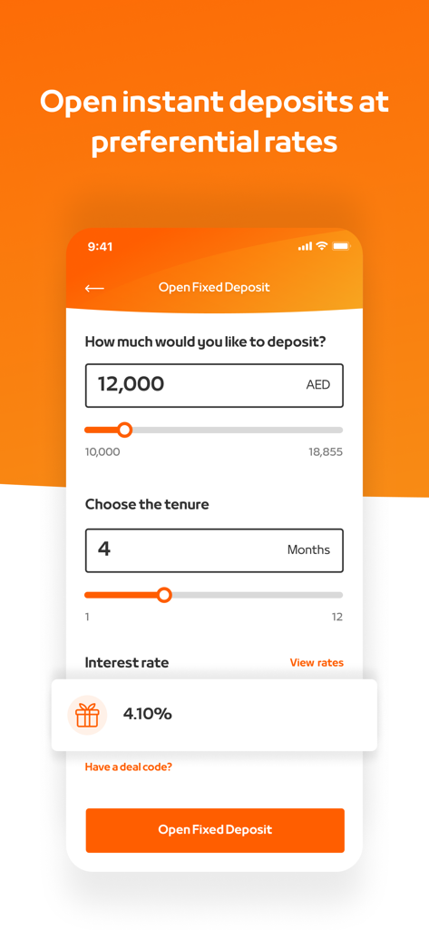 Tela do aplicativo Mashreq Biz para abrir um depósito a prazo instantâneo com controle deslizante personalizável de valor e prazo