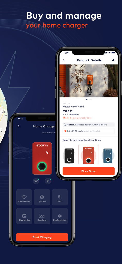 Statiq: EV Charging Stations - Pantallas móviles de la aplicación Statiq que muestran cómo comprar y gestionar una estación de carga de VE doméstica.