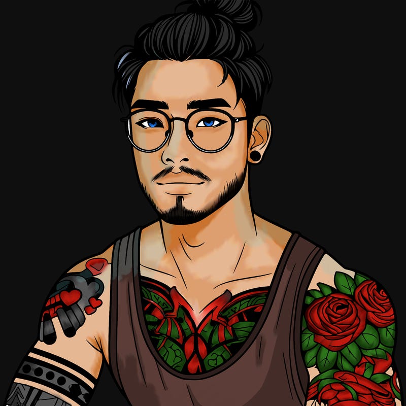 young attractive asian man with a man-bun, glasses, and tattoo's
