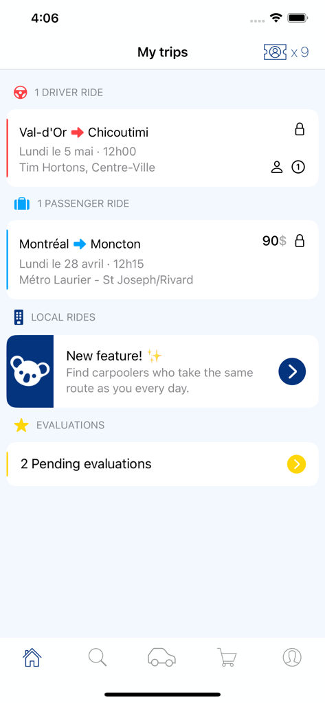 The My Trips dashboard in the Kangaride ride sharing app showing driver and passenger trip details