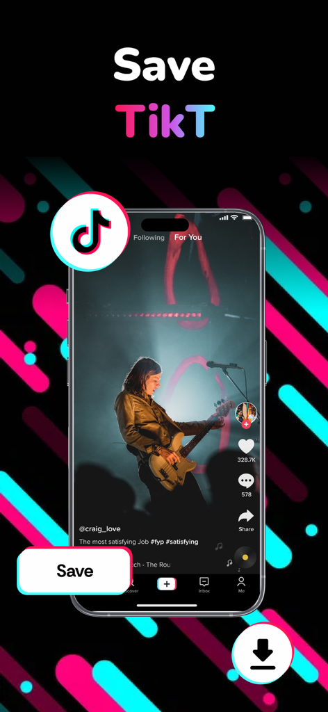 Una pantalla de aplicación móvil que muestra un video de TikTok con un botón de guardar prominente e ícono de descarga para la curación de contenido.