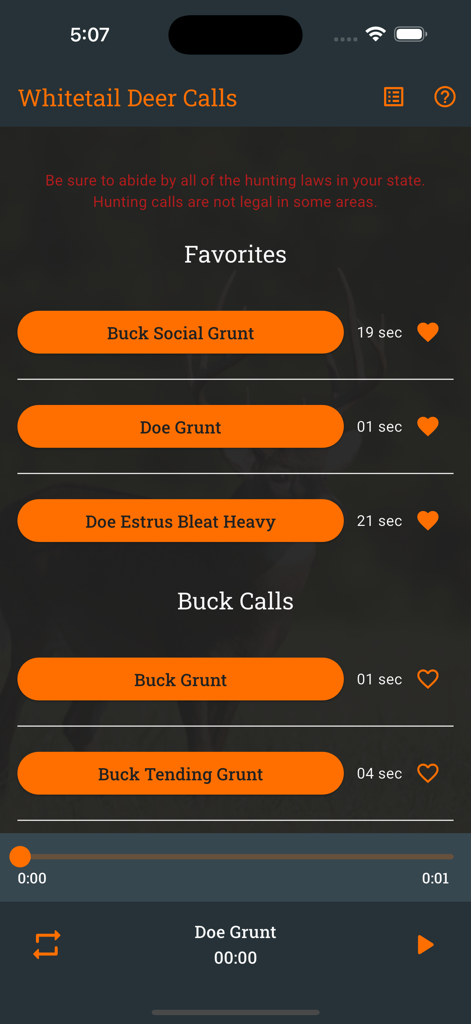 Interface of the Whitetail Deer Calls app displaying various buck and doe hunting calls with a favorites list