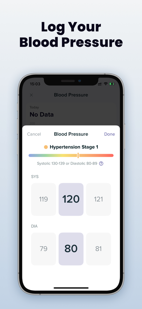 Health Partner app interface for recording blood pressure readings with systolic and diastolic wheels