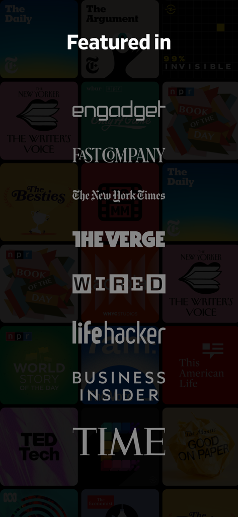 Logos of major media outlets like Wired and The Verge that have featured Pocket Casts