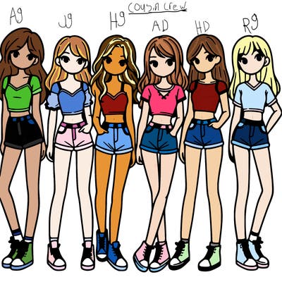 a group of girls wearing crop tops and shorts