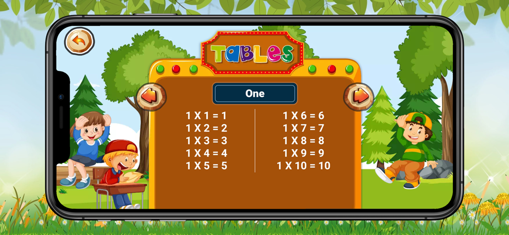 Basic maths learn - Multiplication table of one in the Basic maths learn app featuring a colorful cartoon forest theme
