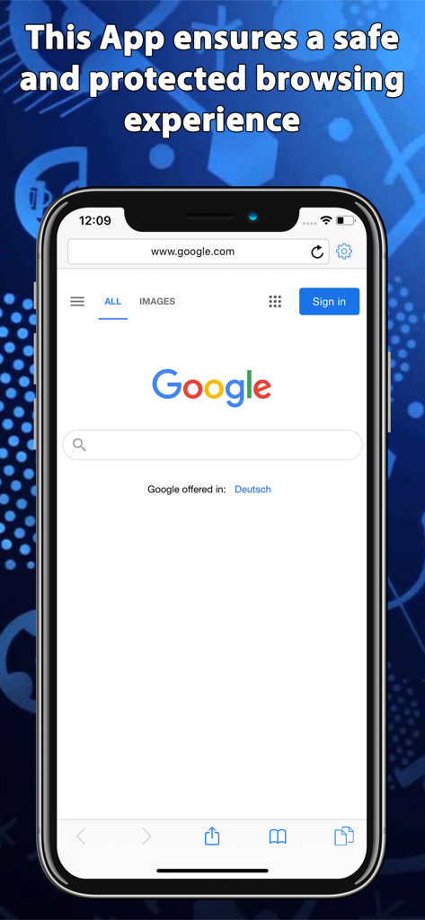 Website Blocker - Browse Safe - Smartphone screen showing the Website Blocker app interface with the Google homepage and a safe browsing message.