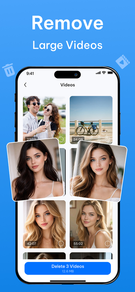 Photo Cleaner - Smart Cleanup - Smartphone screen showing the Photo Cleaner app interface for identifying and deleting large videos to free up storage space.