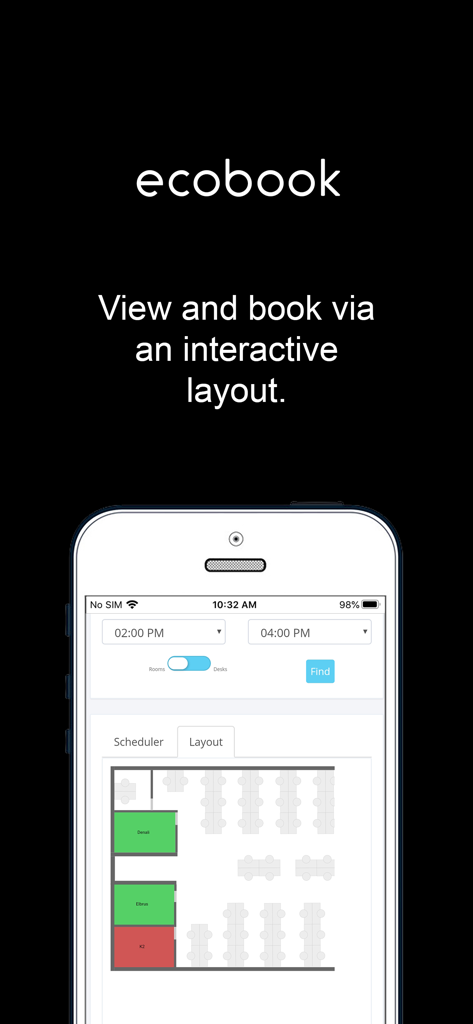 ecobook - Room & Desk Booking - Ecobook App-Oberfläche zeigt einen interaktiven Grundriss zur Buchung von Schreibtischen und Besprechungsräumen mit Verfügbarkeitsstatus