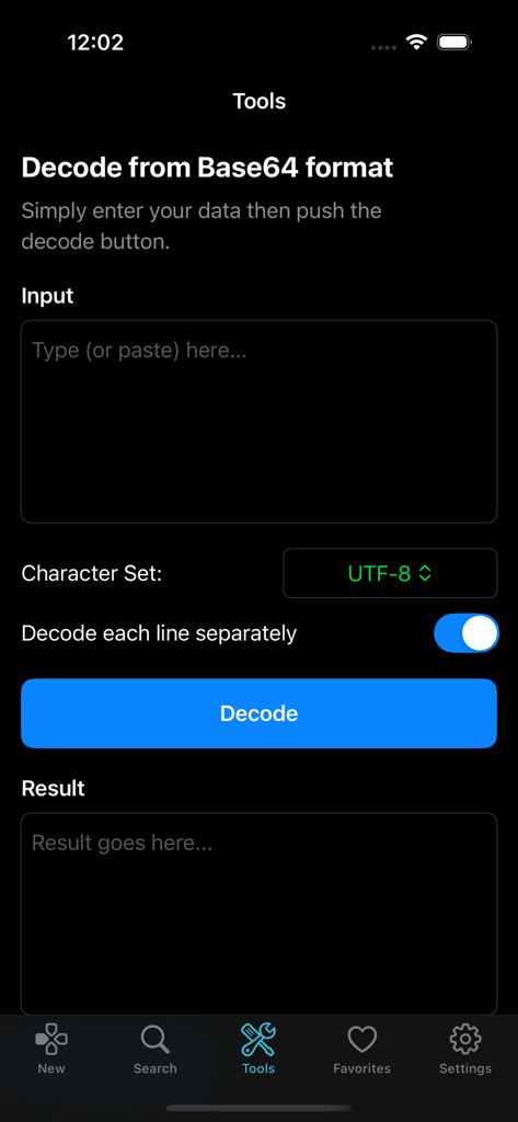 Pantalla de decodificador Base64 en la aplicación Delta Executor V2 mostrando campos de texto de entrada y resultado
