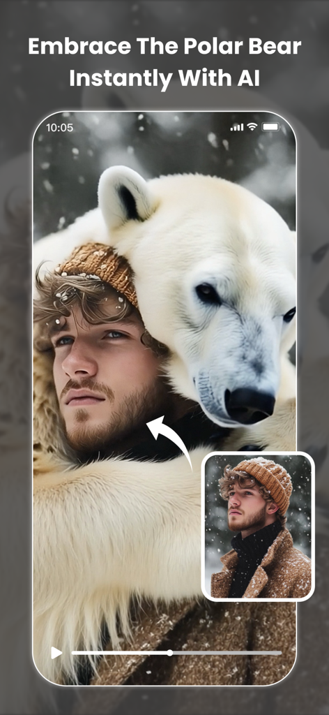 LumixAI: Turn Pic to Hot Video - A screenshot showing LumixAI transforming a portrait into a video of a man hugging a polar bear