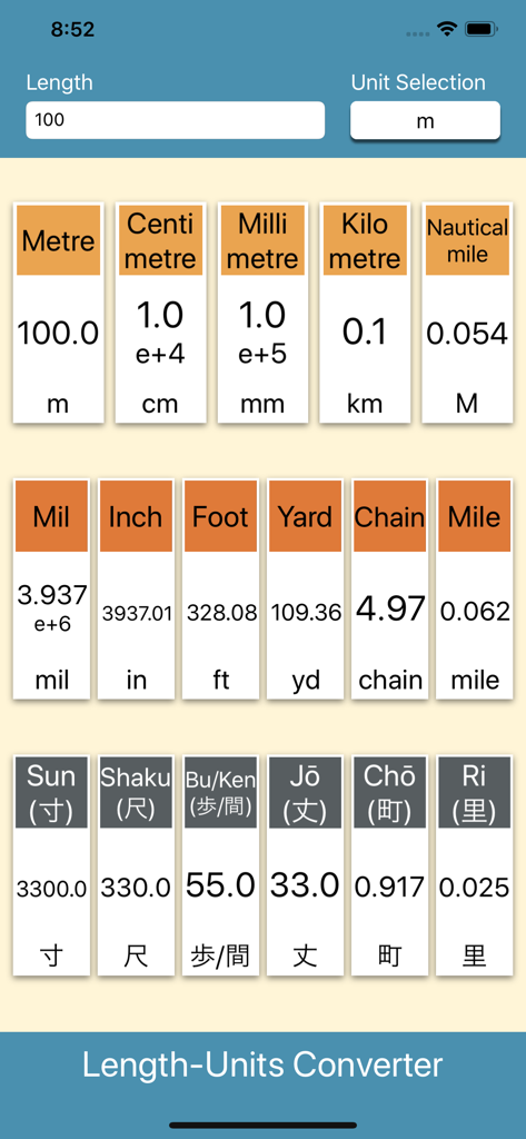 Length-Units Converter - 미터법, 야드파운드법 및 전통 일본식 길이 단위에 대한 변환 결과를 표시하는 앱 인터페이스