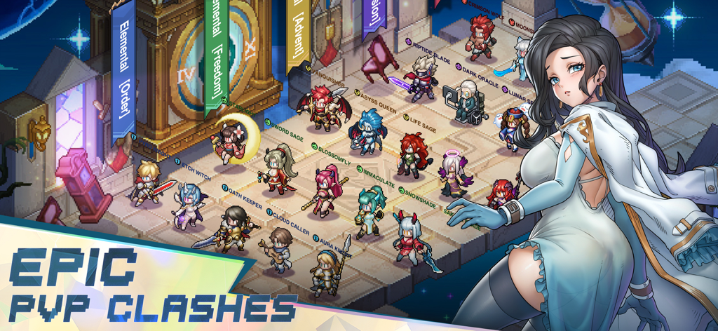 Realms of Pixel - Captura de tela do jogo Realms of Pixel apresentando vários heróis em pixel art em um campo de batalha e o texto Epic PVP Clashes