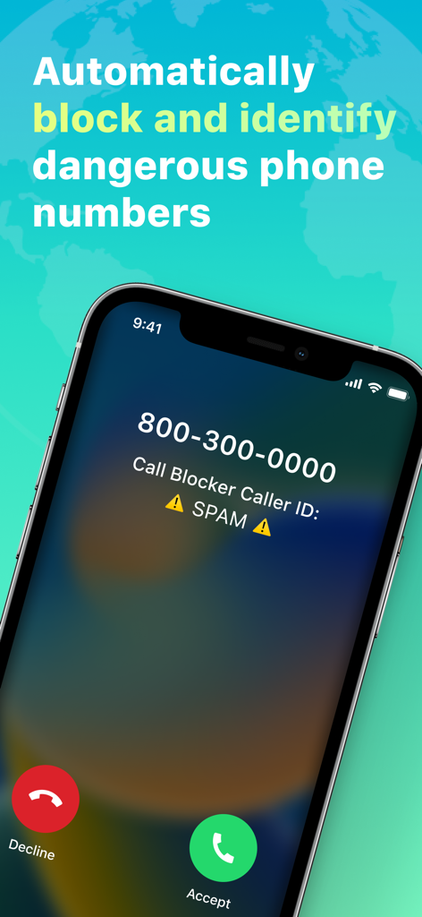 Call Blocker - Pantalla de iPhone que muestra una llamada entrante identificada como spam por la aplicación Call Blocker.