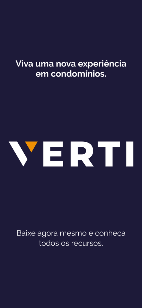 マンション生活に関するスローガンを特徴とする会社ロゴをフィーチャーしたVerti Administradoraアプリのスプラッシュスクリーン。