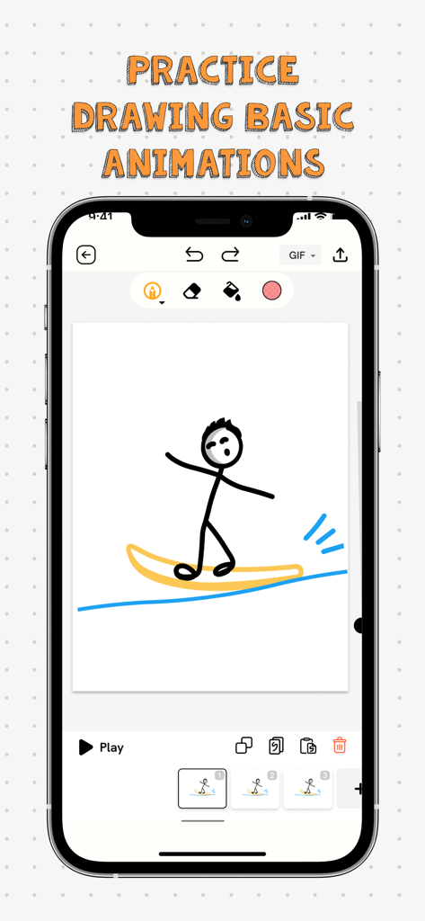 Interface of a 2D animation app with a stickman on a surfboard and drawing tools