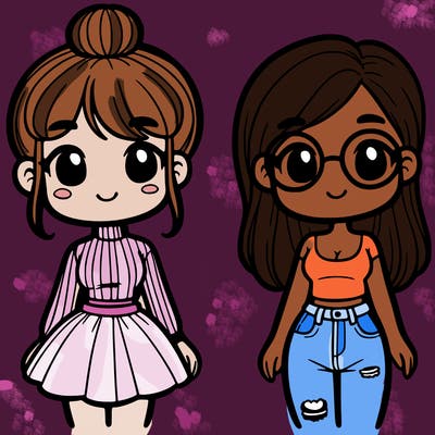 one girl with a bun, turtle neck, and short skirt. and another girl with a tank top, jeans, and glasses