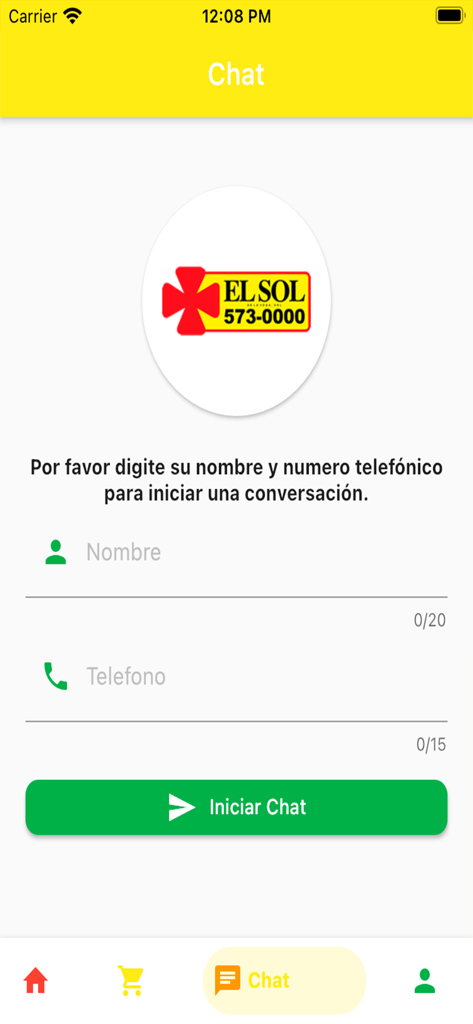 Chat screen of the Farmacias El Sol app with name and phone number input fields