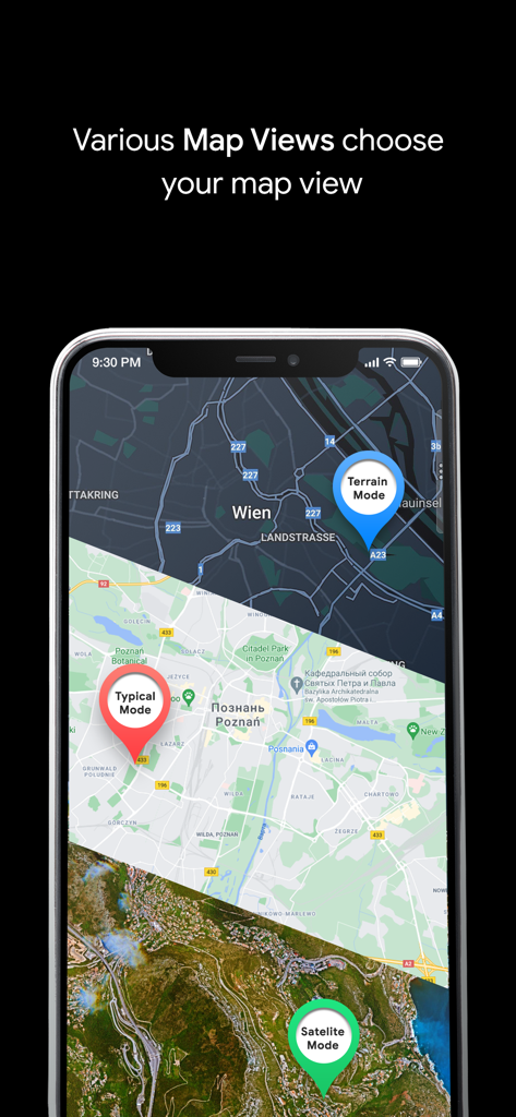 GPS Live Navigation & Live Map - Smartphone-Bildschirm, der verschiedene Kartenansichten anzeigt, darunter Gelände, typische und Satellitenmodi
