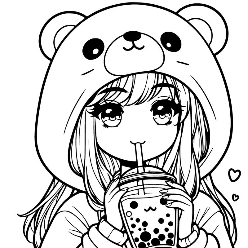 cute girl drinking boba with a bear hoodie realalistic