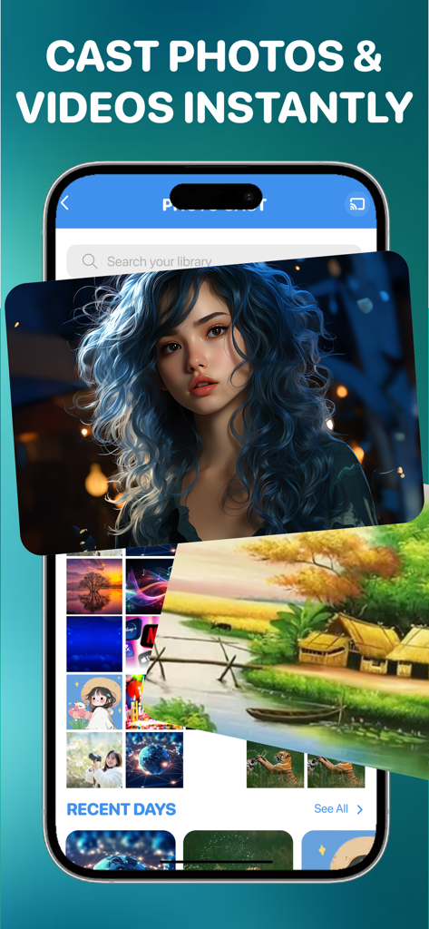 AllShare Cast ㅤ - Interface of AllShare Cast app showing photo and video library for instant TV mirroring