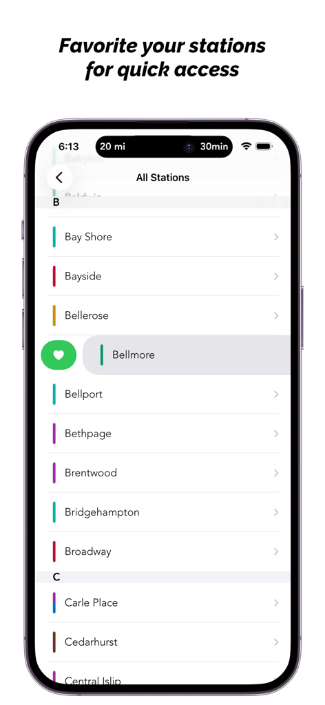 LIRR Destinations - Uma tela de smartphone exibindo o aplicativo LIRR Destinations com uma lista de estações de trem e um ícone de coração para favoritá-las para acesso rápido.