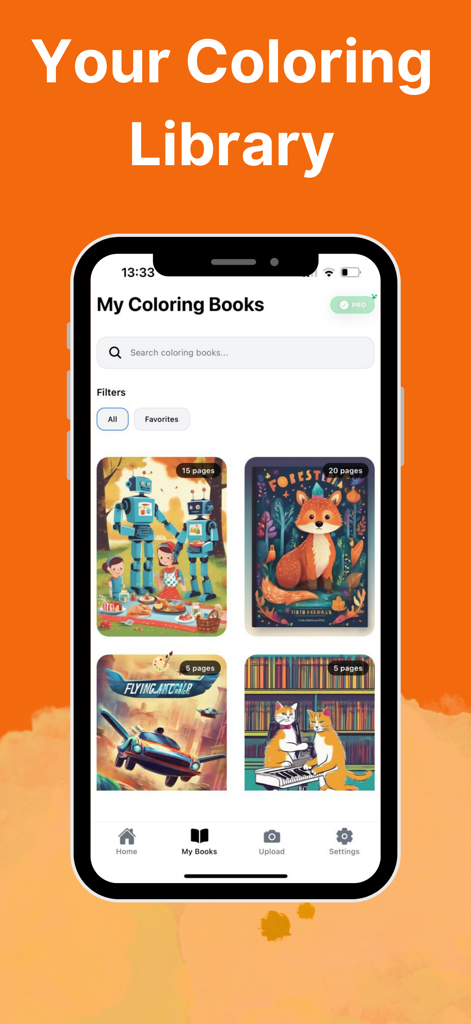 Painty: AI Printable Pages - Tela de aplicativo móvel mostrando uma biblioteca personalizada de livros de colorir gerados por IA com animais e robôs.