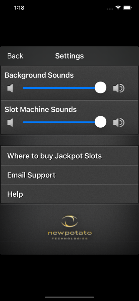 Schermata delle impostazioni dell'app Jackpot Slots che mostra i controlli del suono e i collegamenti di supporto