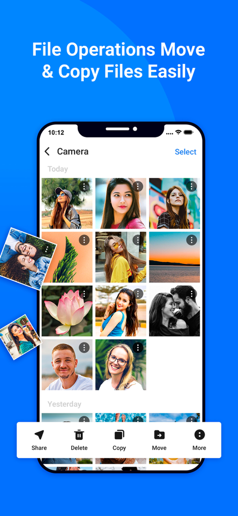 My Files - All File Manager - Screenshot per iPhone dell'app My Files che mostra la gestione della galleria fotografica con strumenti di spostamento e copia